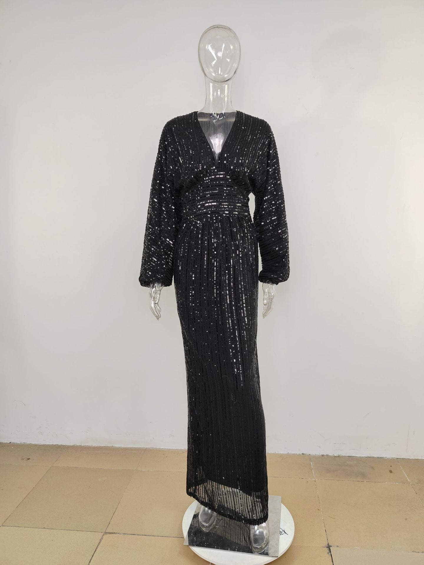 Women's Sequined Long Sleeve V-Neck Sexy Long Dress 14