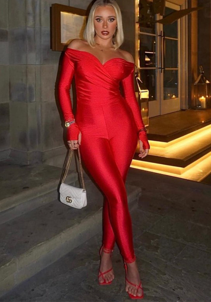 Women Autumn SolidV Neck Long Sleeve Sexy Jumpsuit