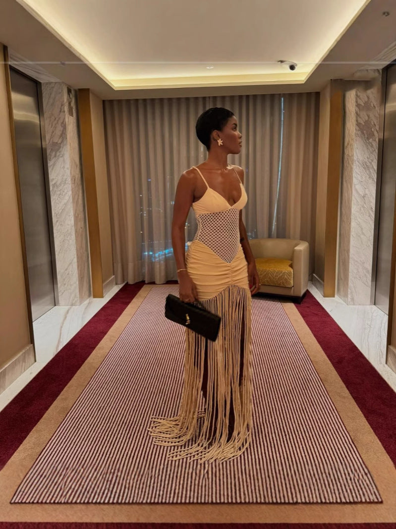 Women Spring and Summer Strap Mesh Sexy Pleated Bodycon Tassel Dress 3