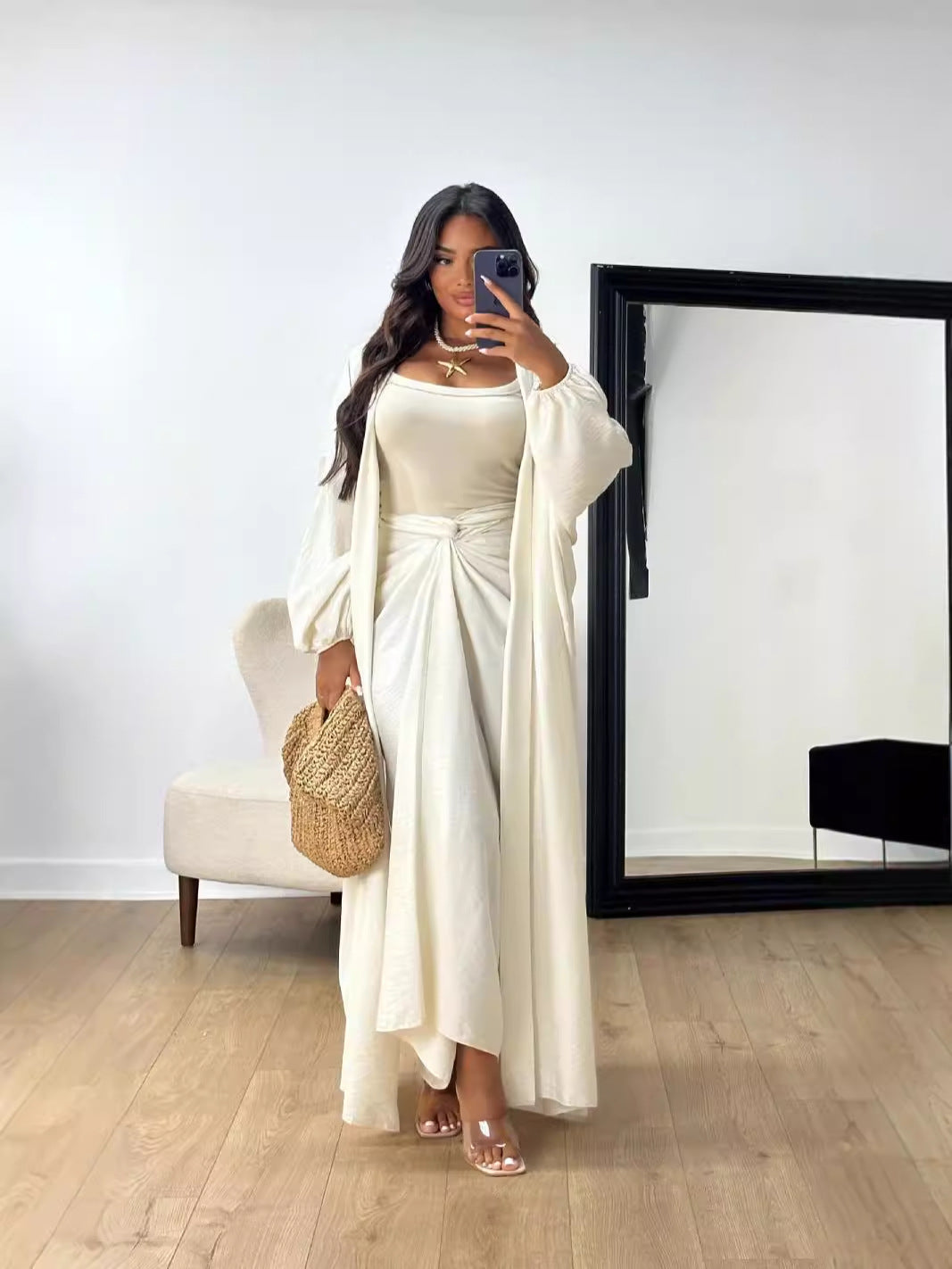 Autumn And Winter Solid Color Lantern Sleeve Lace-Up Robe Coat 7