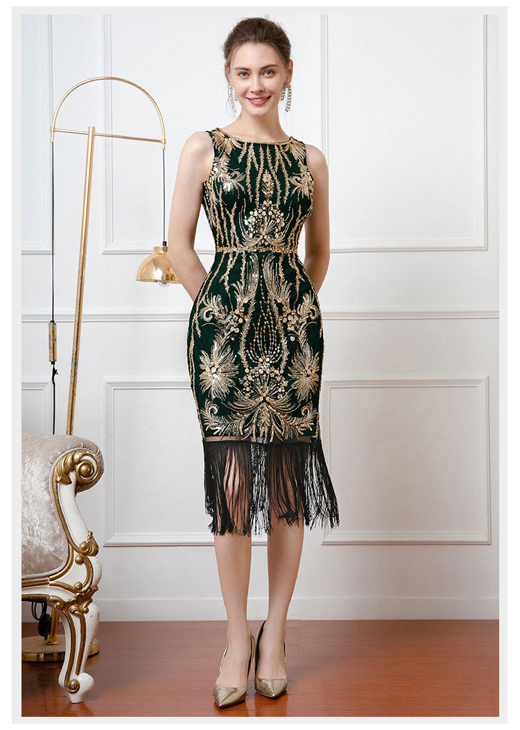 Retro  Bead Embroidered Sequins Deep V Low Back Evening Dress Sleeveless Tassel Party Dress 6