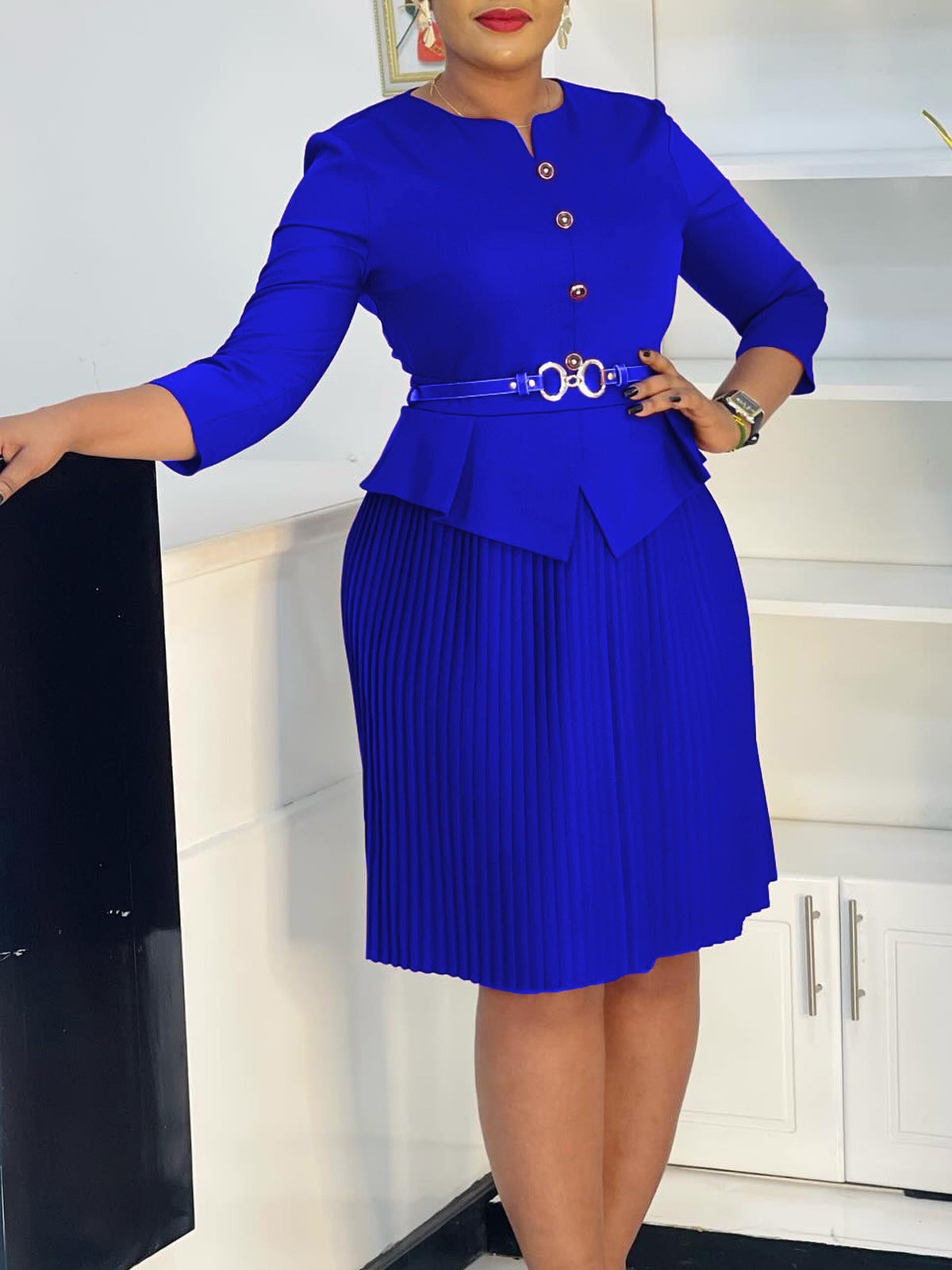 Women's 3/4 Sleeve Fashion Chic Elegant Pleated Dress 8