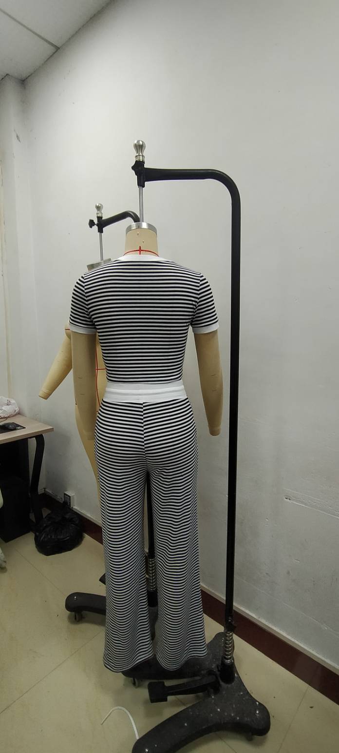 Casual Short Sleeve Striped Two-Piece Pants Set 9