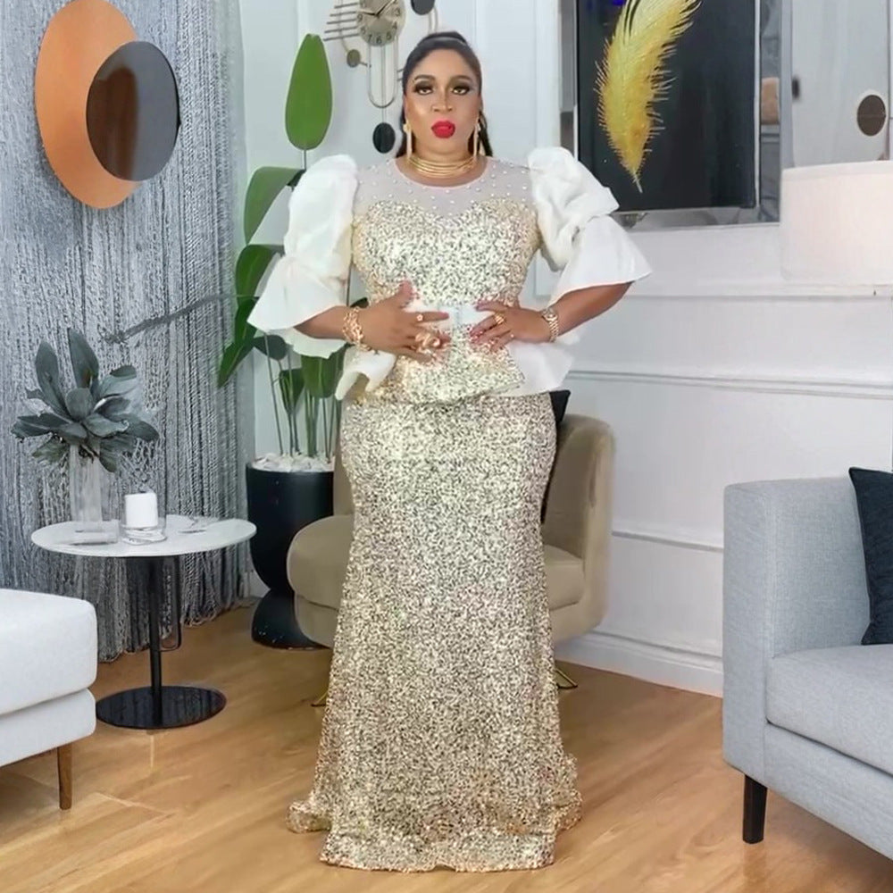 Plus Size Women's Autumn Sequin Mermaid Dress High Waist Party Evening Gown 3