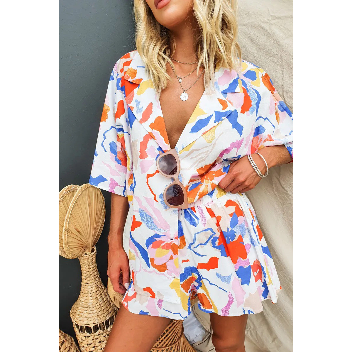 Women Turndown Collar Shirt and Shorts Casual Two-piece Set