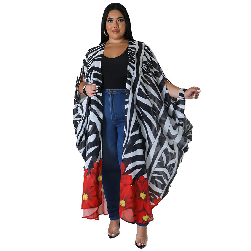 Plus Size Women's Fashion Printed Chiffon Cape Shirt 8