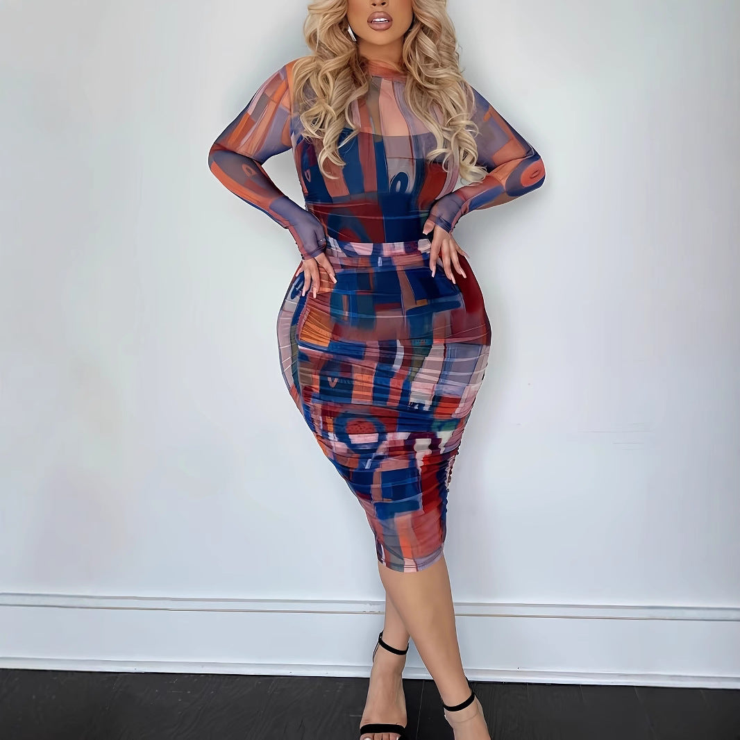 Plus Size Fashion Trend Slim Waist Long Sleeve Party Dress 3