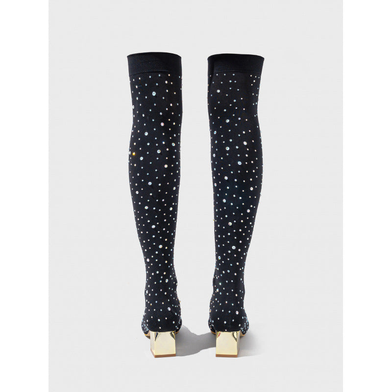 Women Sexy Black Rhinestone Thick Heel Nightclub Pointed Heels 5