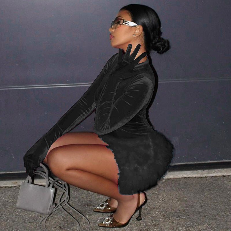 Women's Autumn Fashion Round Neck Long Sleeve Bodysuit Slim Fit Plush Skirt Two Piece Set 6