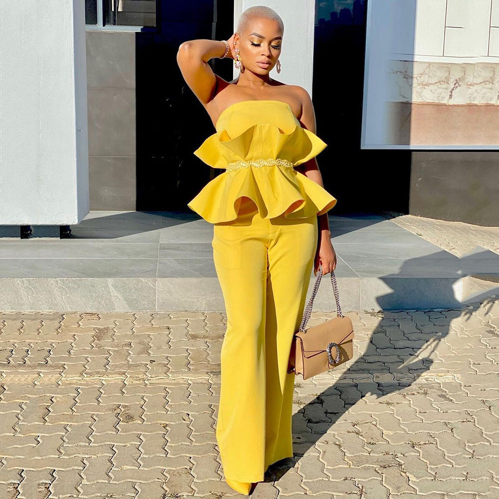 Strapless Ruffle Top Wide Leg Pants Elegant Two Piece Set