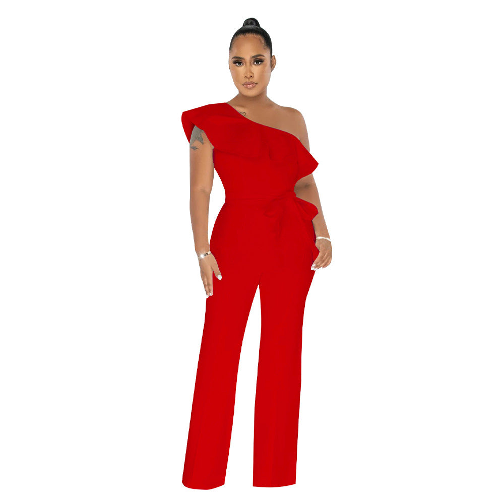 Women Solid Ruffle Jumpsuit with Belt 13