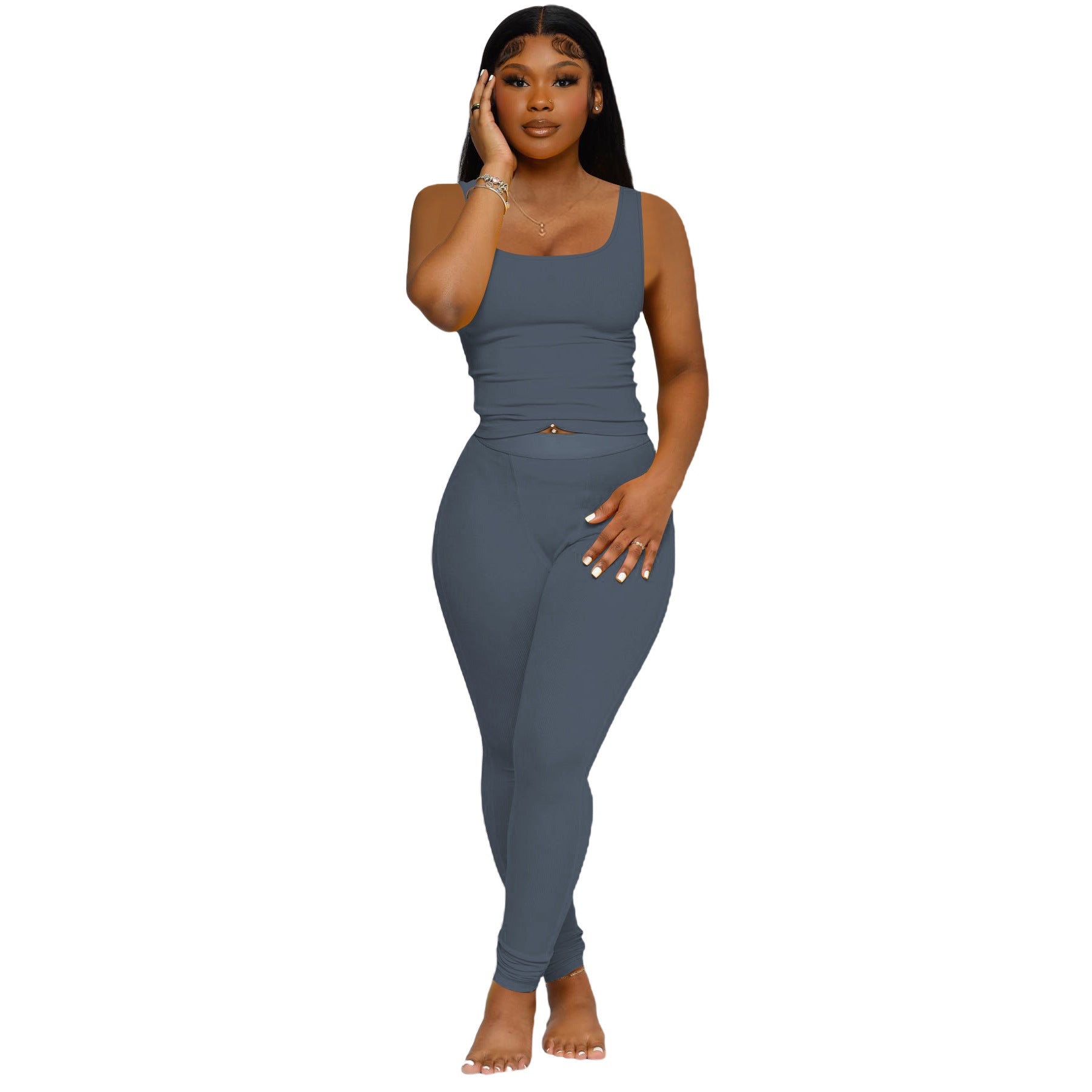 Women's Fashion Ribbed Solid Color Vest Tight Fitting Pants Two-Piece Set 6