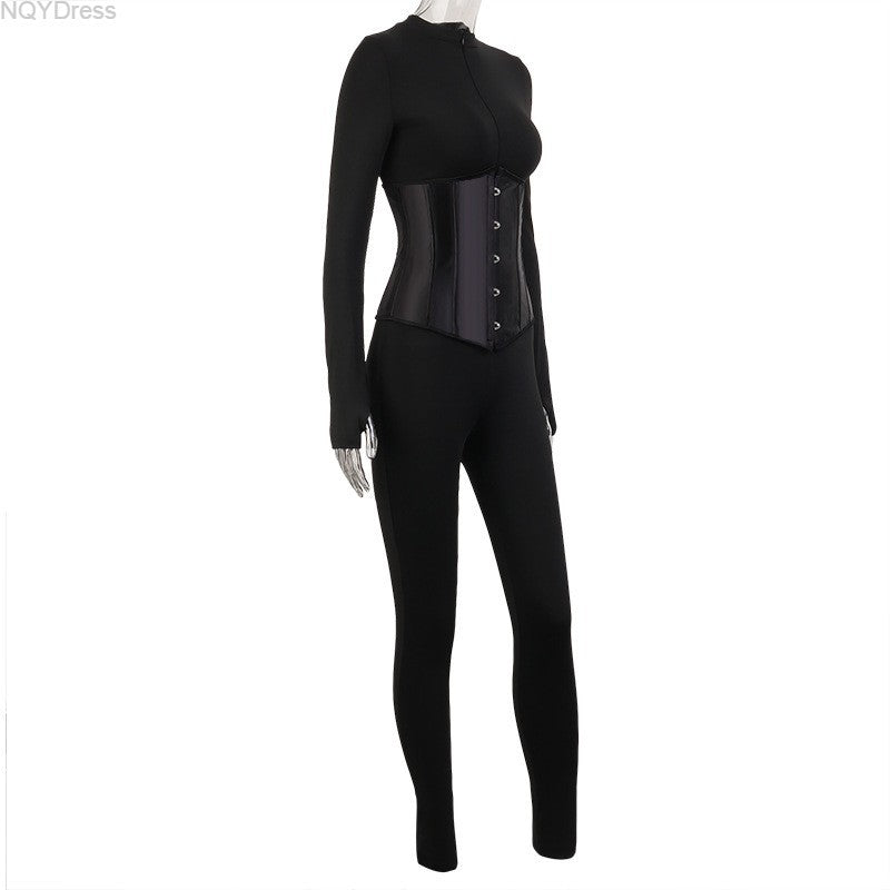 Women's Autumn Solid Color Corset Zipper Tight Fitting Casual Jumpsuit Two Piece Set 25