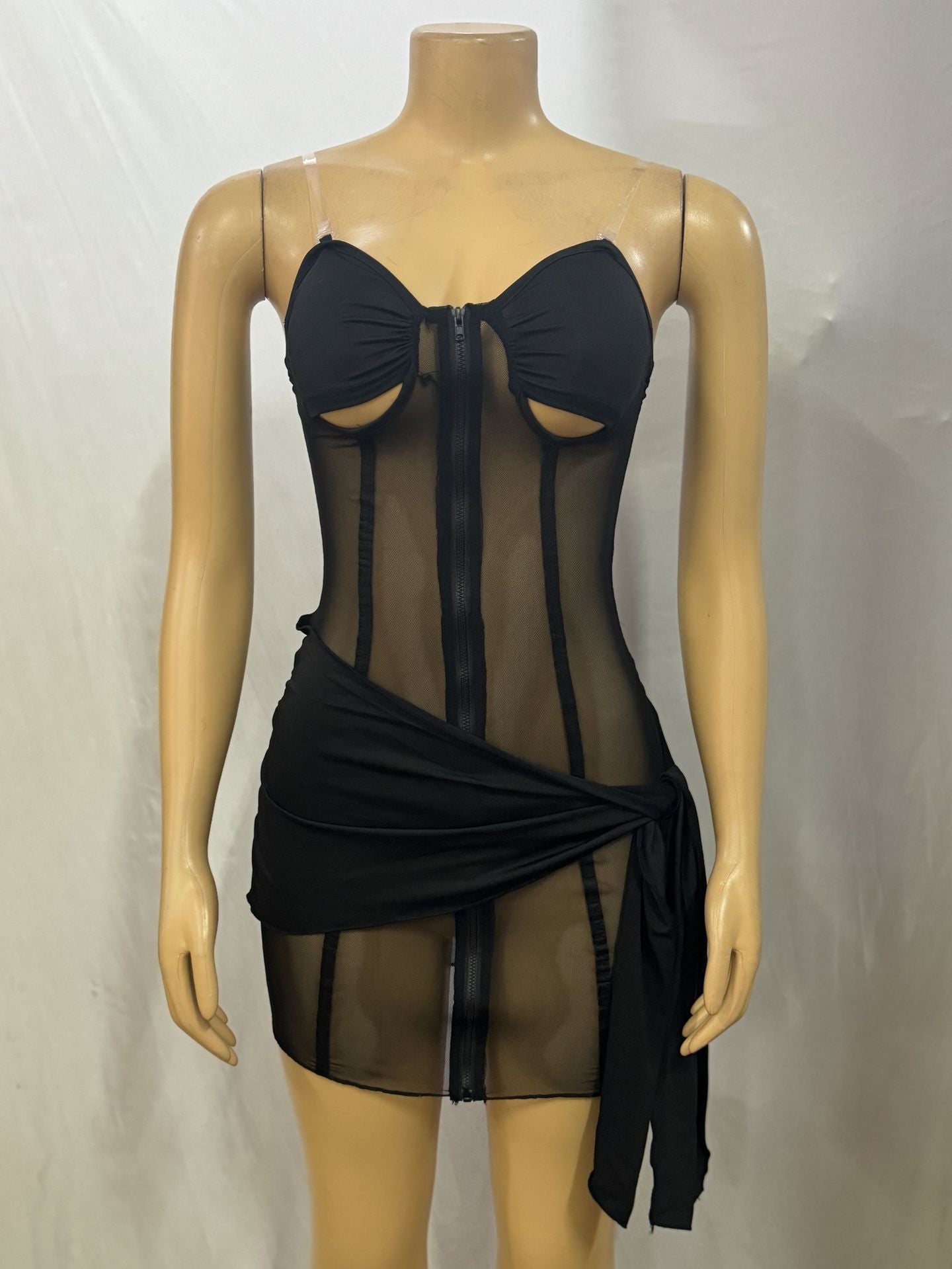 Women See-Through Zipper Hollow Lace-Up Sexy Backless Bodycon Dress 7