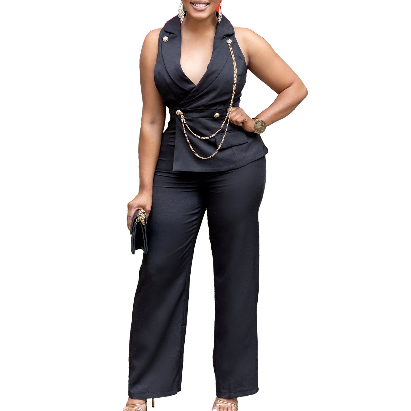 Women's Turndown Collar Sexy Fashion Chain Casual Wide Leg Africa Jumpsuit 10