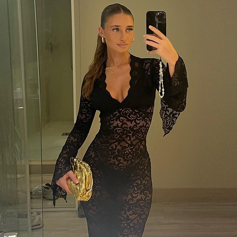 Women Sexy Deep V Neck See-Through Lace Slim Long Sleeve Long Dress 8