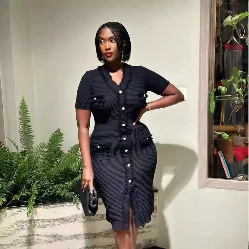 Women V-neck tassel slit knitting dress 3