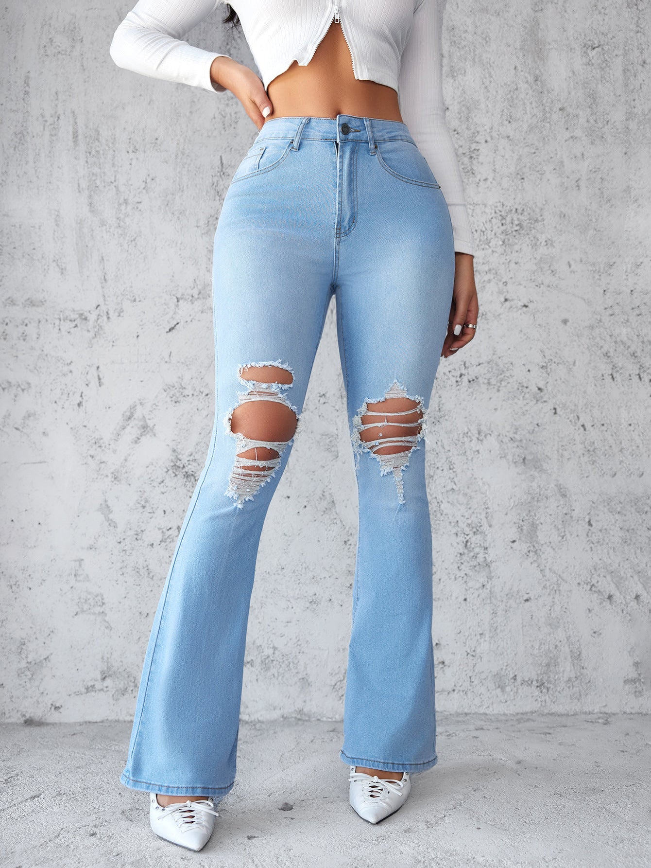 Women Spring/Summer Ripped Denim Bell Bottom Pants