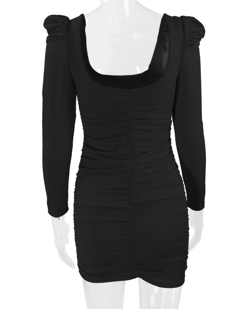 Autumn Winter Women's Sexy Low Back Stacked Shoulder Long Sleeve Slim Dress 20