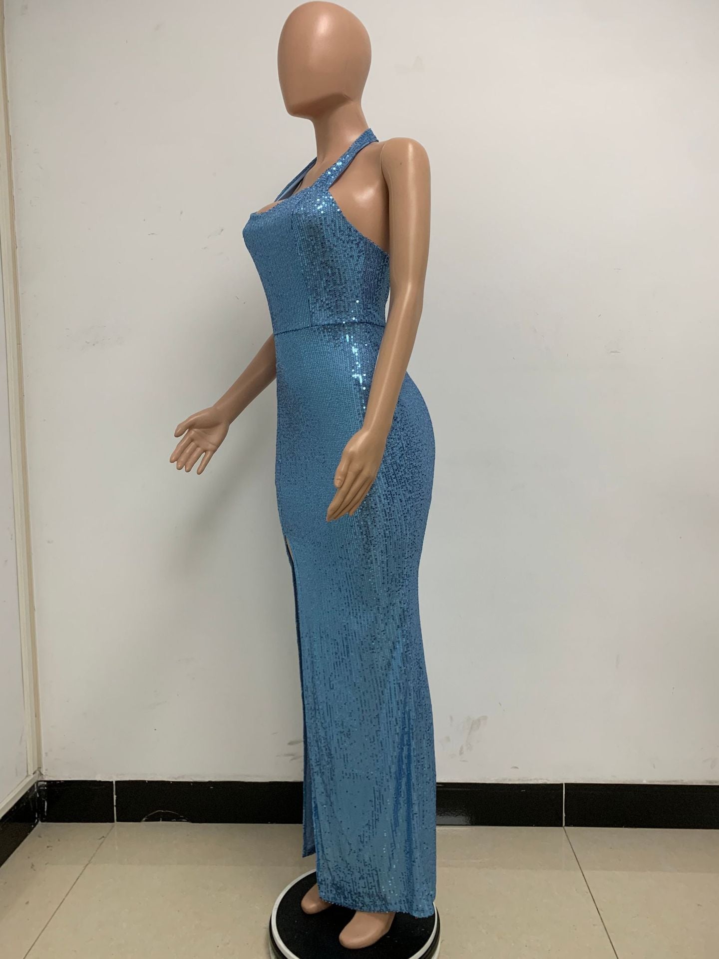 Women Sleeveless Halter Neck Backless Sequin Slit Evening Dress 65