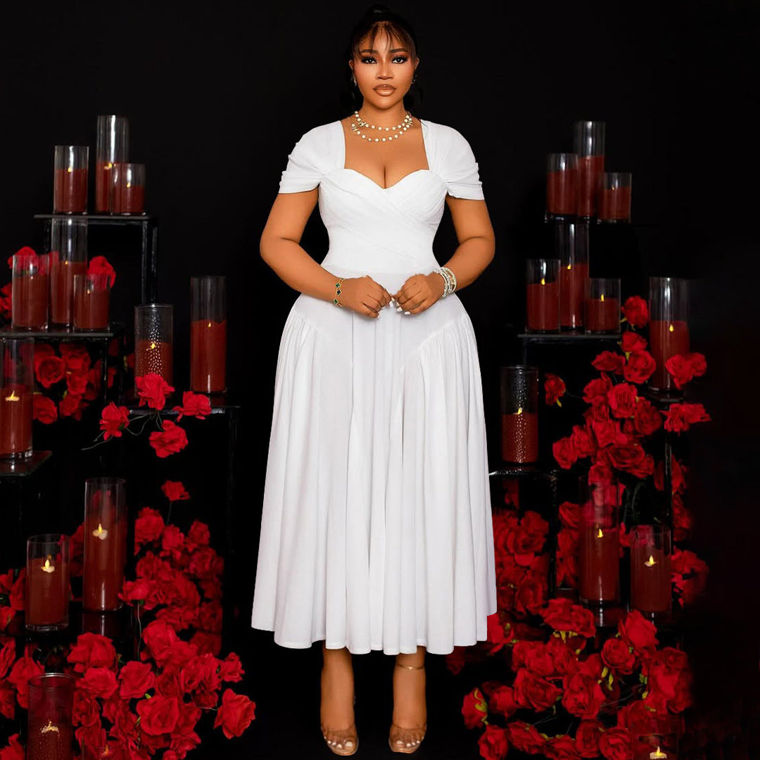 Plus Size Women's Fashion Elegant Square Neck Slim Waist A-line Long Dress 5