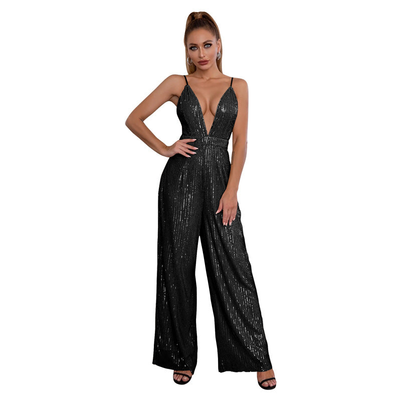 Deep V Neck Low Back Sleeveless Chic Sequined Straps Elegant Women's Party Jumpsuit 20