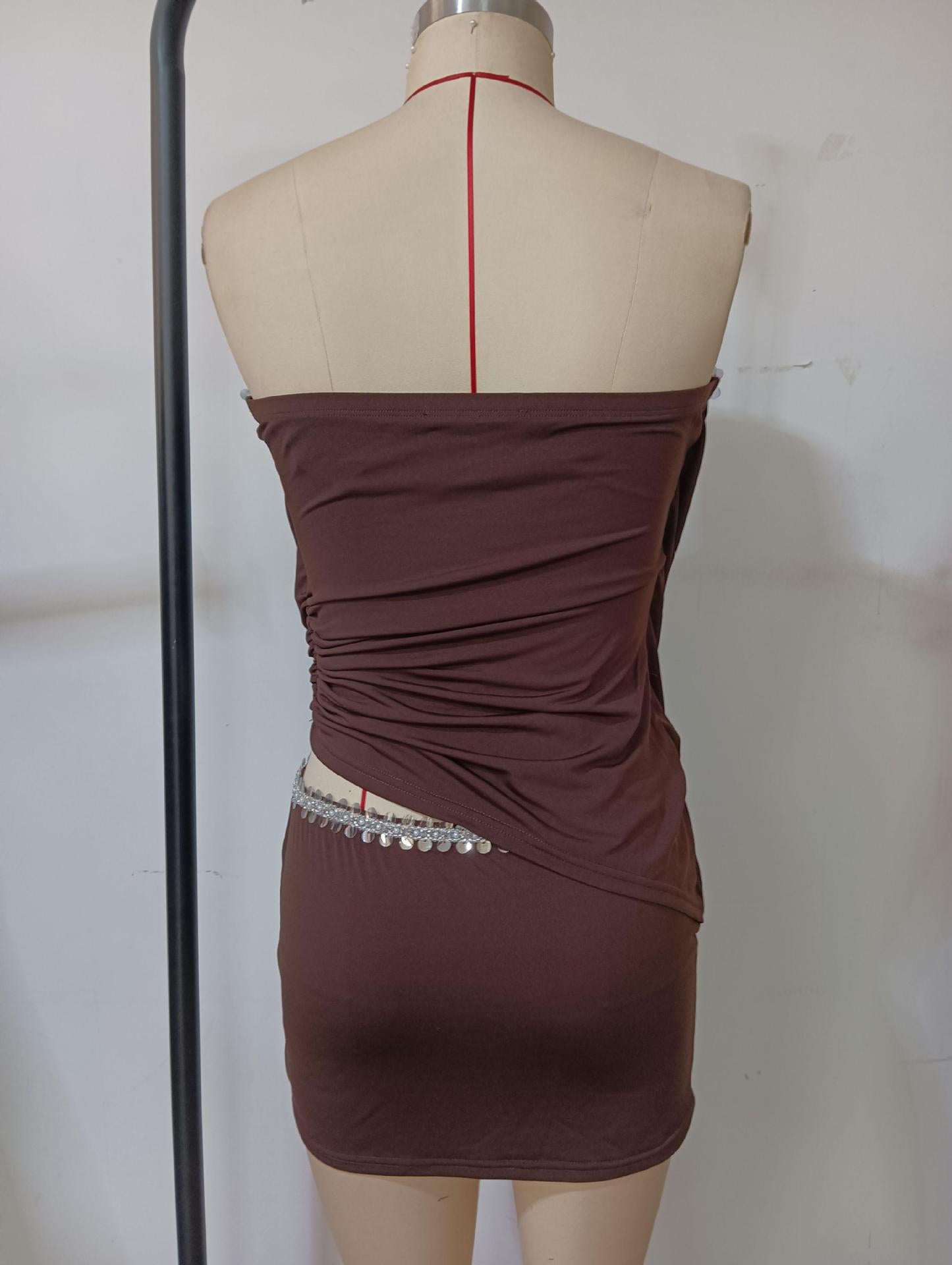 Sexy Solid Color Beaded Slim Fit Strapless Crop Top Bodycon Short Skirt Set 8