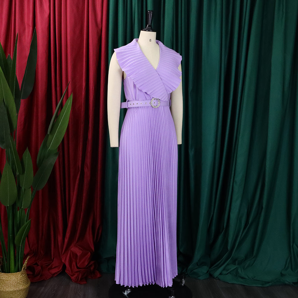 Women Summer Sexy Ruffled Pleated Maxi Dress with Belt 28