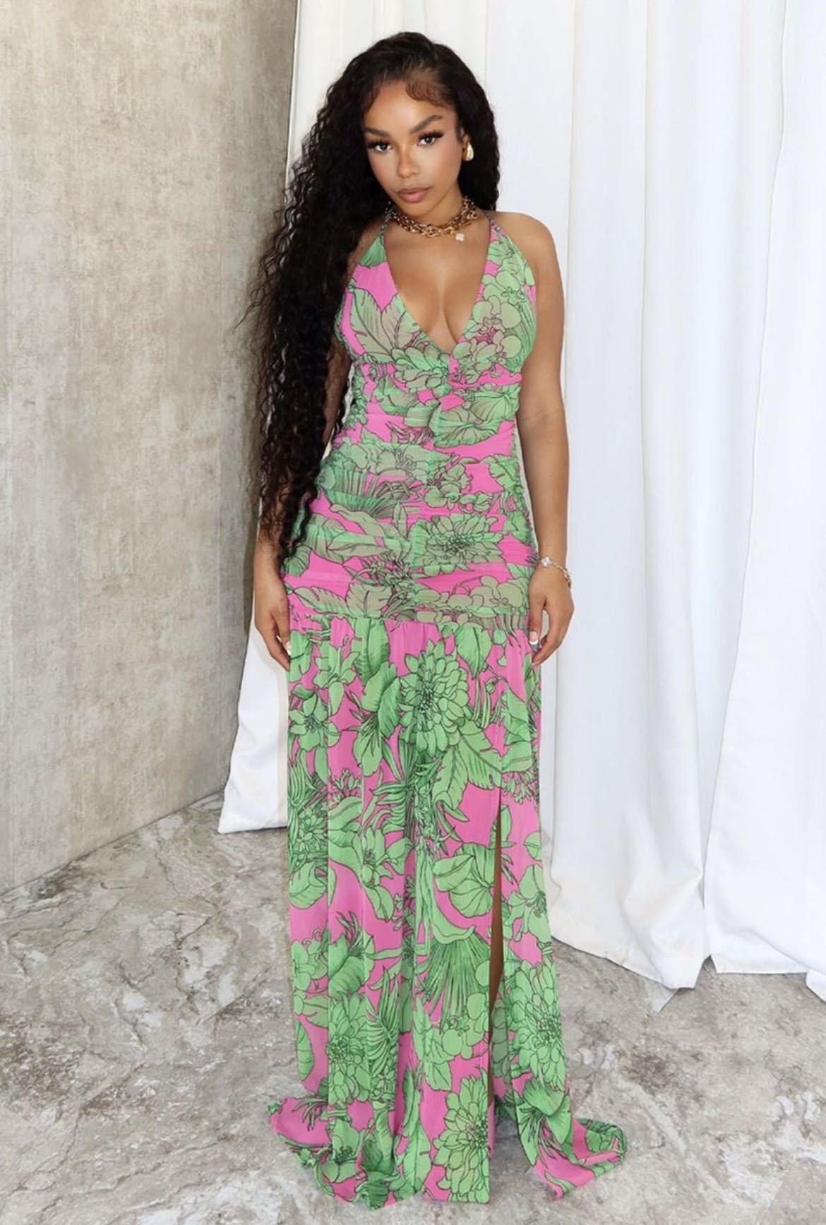 Women Summer Sexy Strap Print Slit Long Dress 3