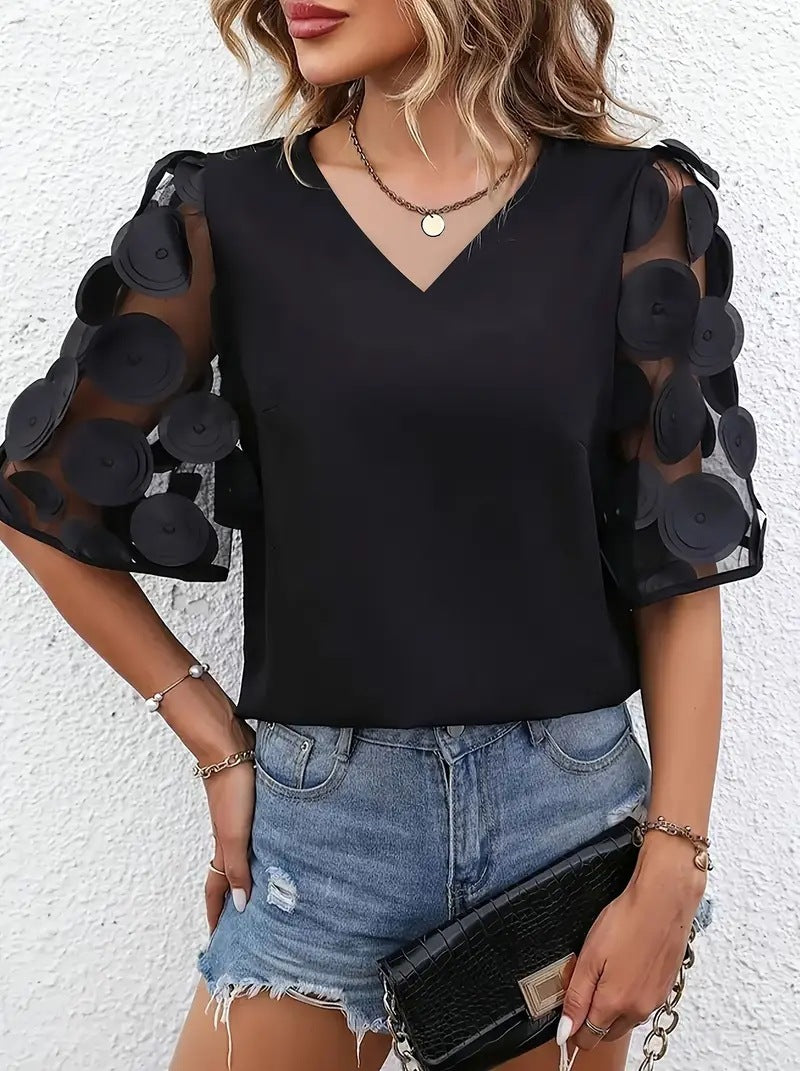 Women Summer Career Solid V-neck Lace Patchwork Short-sleeved Shirt 4