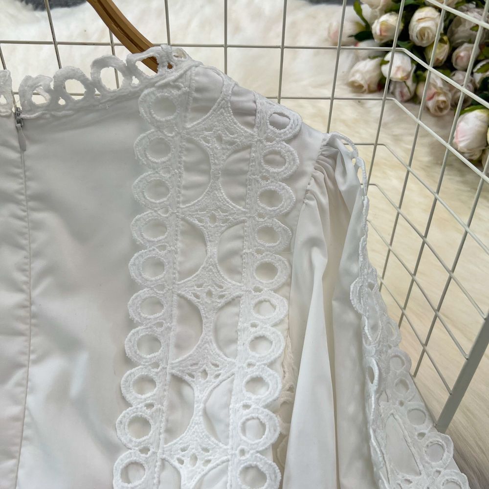 Spring Autumn Retro Chic Lantern Long Sleeve Lace Hollow Patchwork Round Neck Slim Waist Casual Dress 29