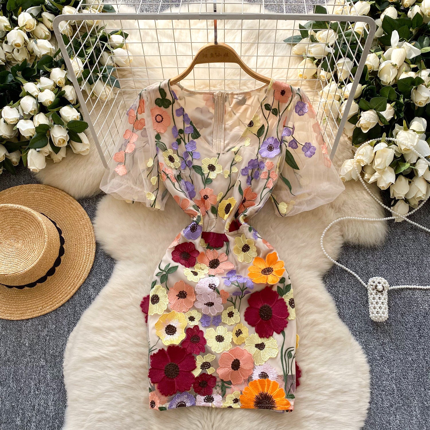 Women's  Luxury Embroidery Mesh Puff Sleeve Slim Waist Short Chic Dress 5