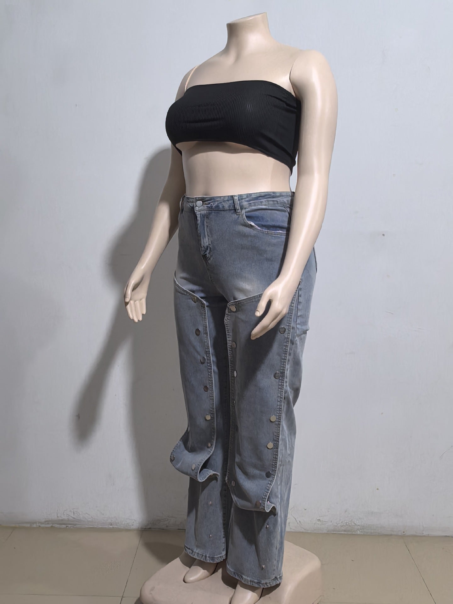 Women's Straight Denim Pants Autumn Street Trend Button High Waist Pants 11