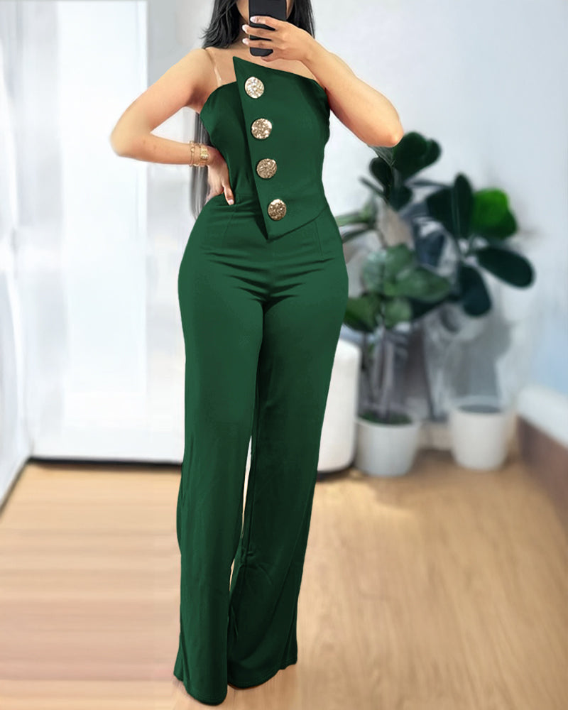 Fashionable women's solid color strapless button jumpsuit 4