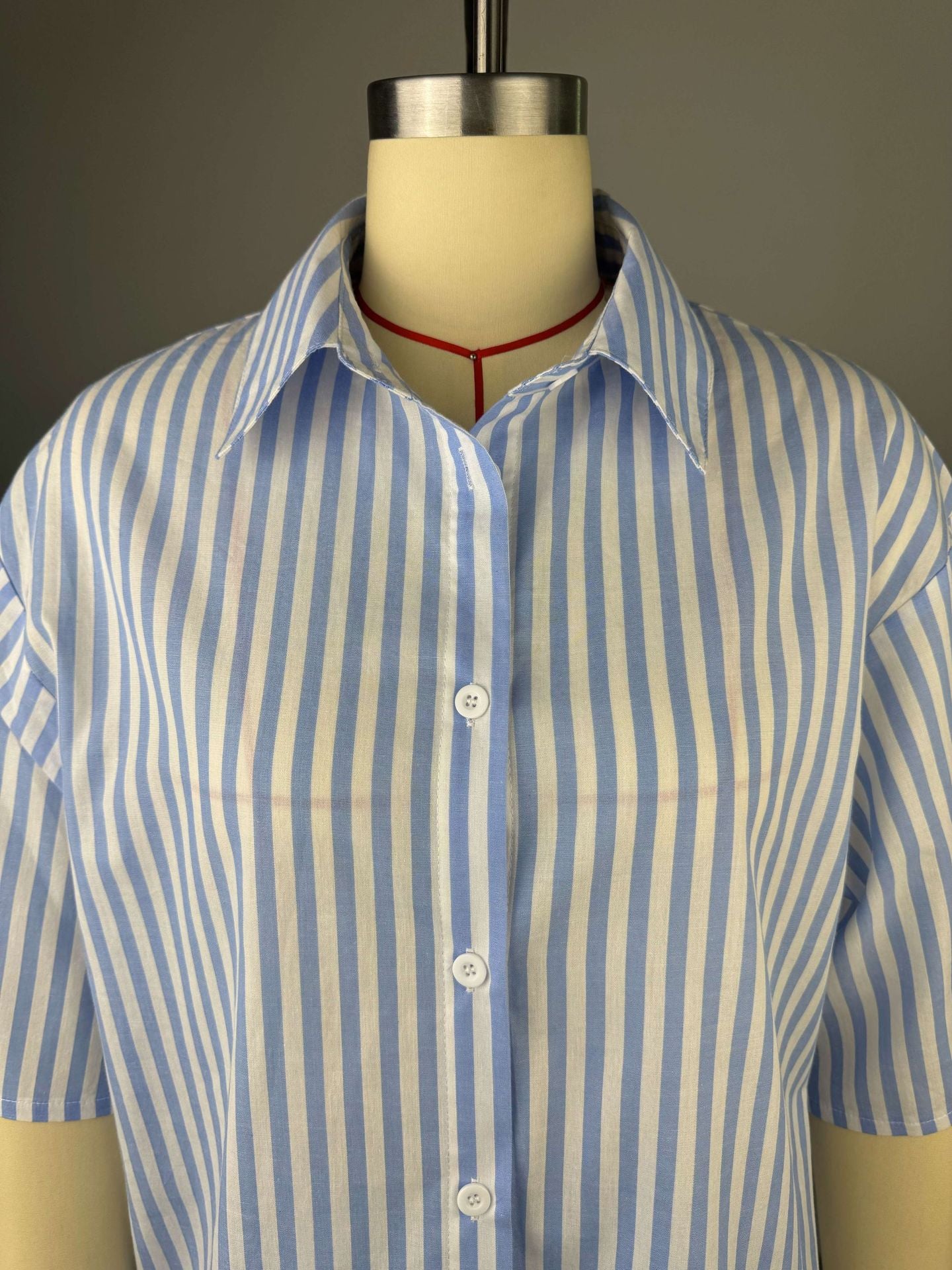 Women Summer Casual Turndown Collar Three-quarter Sleeve Striped Shirt and PantsTwo Piece Set 9