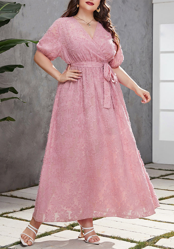 Plus Size Women's Elegant Wrap V-Neck Lace Chic Slim Waist Long Dress