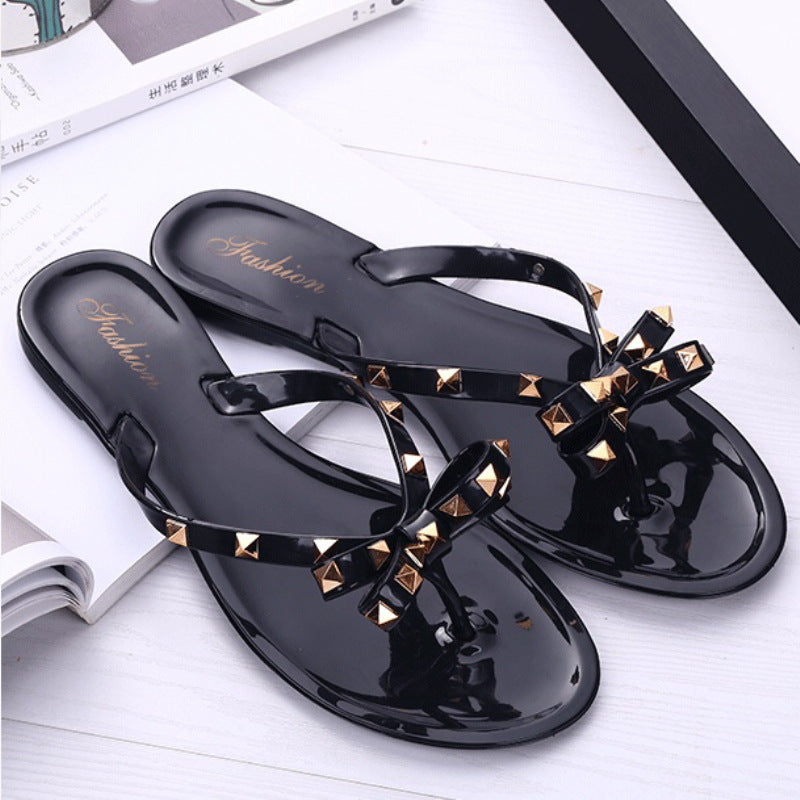 Women Rivet Shoes Bow Flip-Flops Summer Outwear Beach Flat Bottom Transparent Slippers