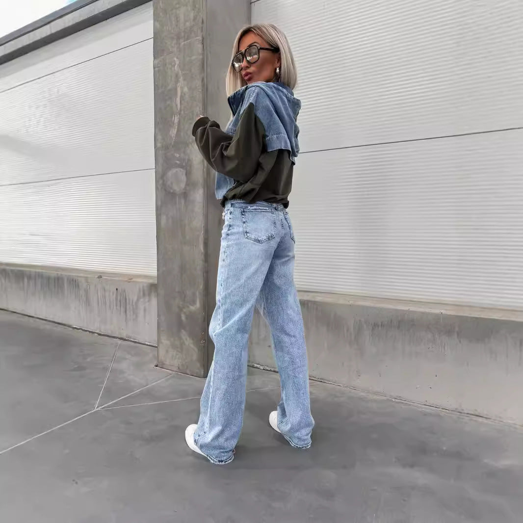 Autumn Fashion Loose Casual Denim Patchwork Hooded Women Hoodies 6