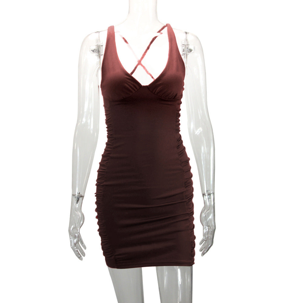 Women Summer V-Neck Backless Pleated Bodycon Dress 14