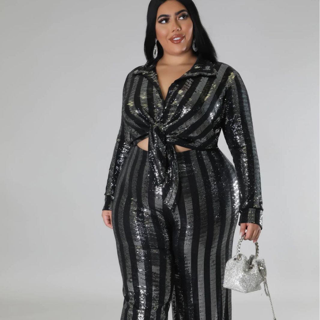 Fashion Nightclub Mesh Beaded Sequin Two-Piece Lace-Up Top Pants Set 5