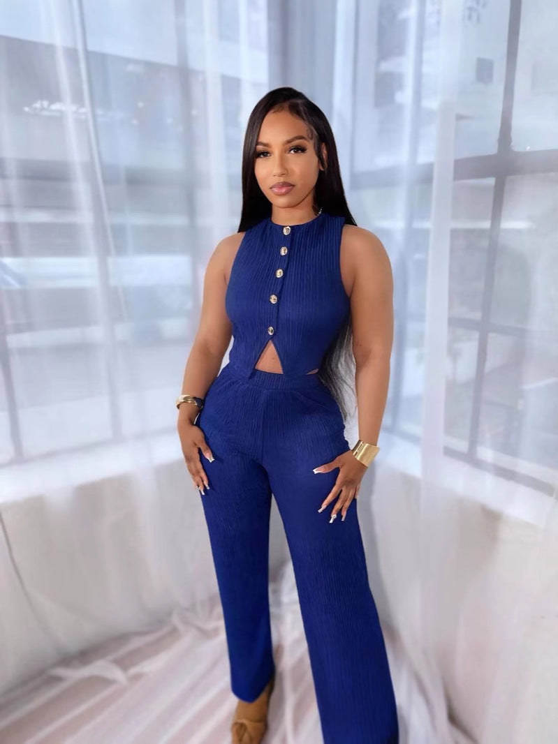 Women's Fashion Slim Vest High Waist Wide Leg Pants Two-Piece Set 3
