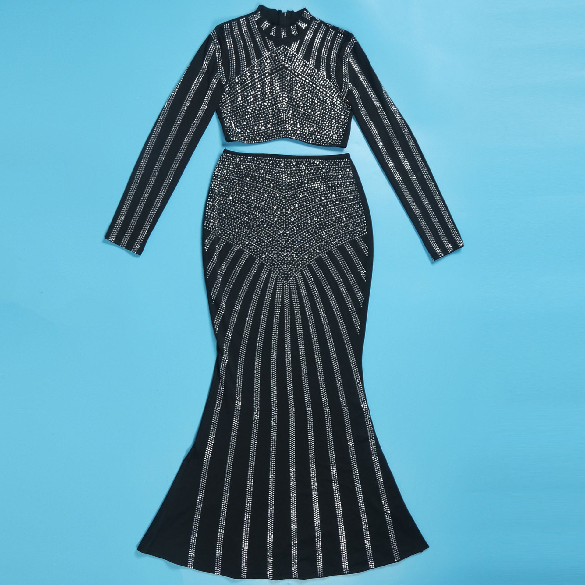 Sexy Beaded Tight Fitting Stretch Long Sleeve Top Bodycon Mermaid Skirt Suit 21