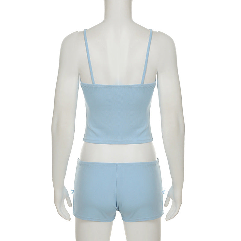 Women Sexy Casual Homewear V-neck Lace Suspender Top Slit Shorts Two-piece Set 6