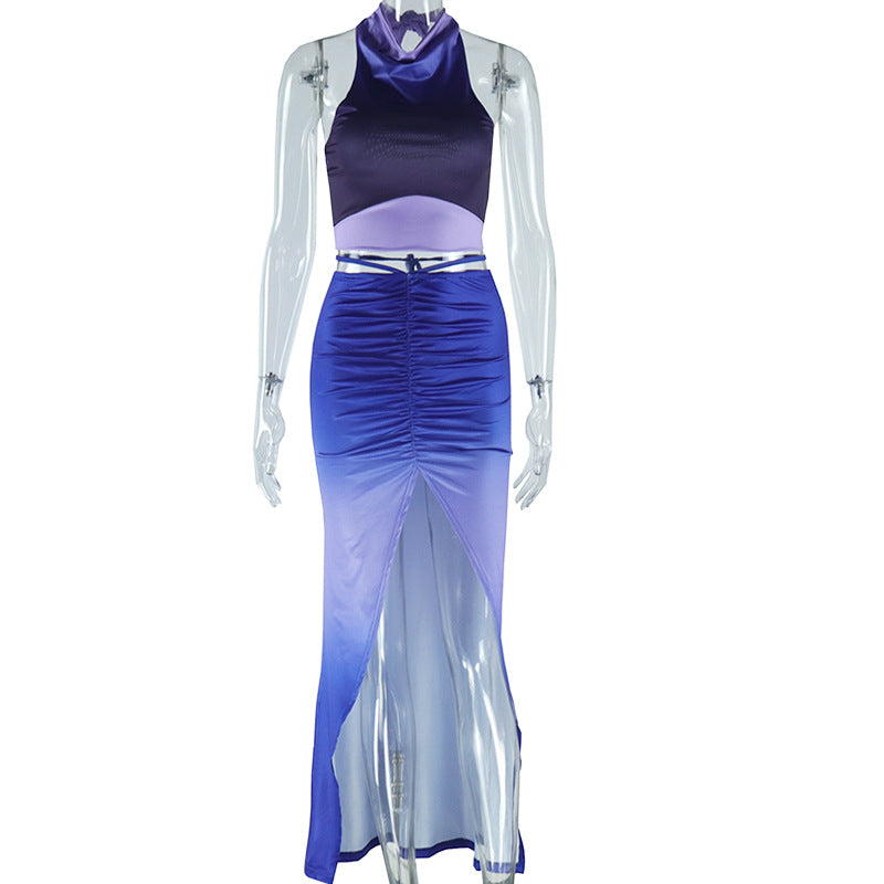 Women's Fashion Printed Sexy Sleeveless Low Back Vest Split Skirt Two-Piece Set 6