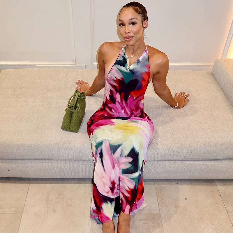Women Sexy Halter Neck Backless Print Bodycon Dress 5