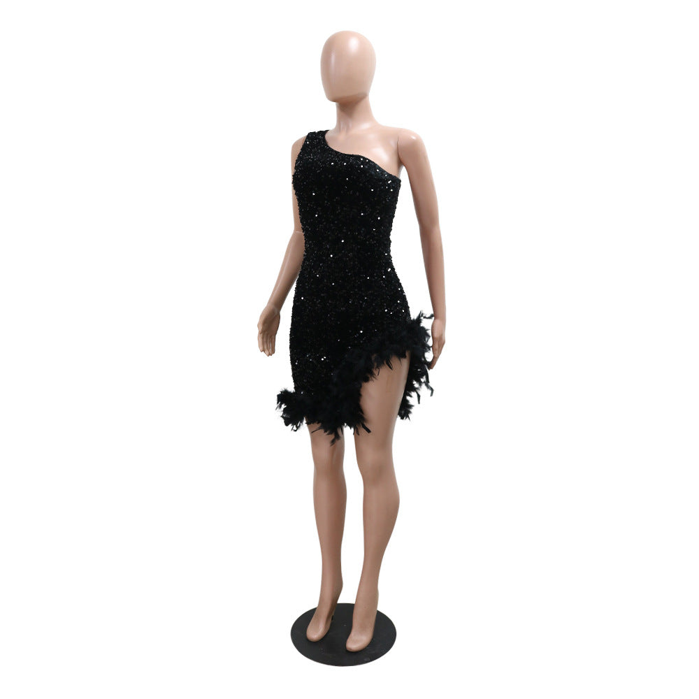 Fashion Slash Shoulder Feather Sequin Slit Club Dress 8