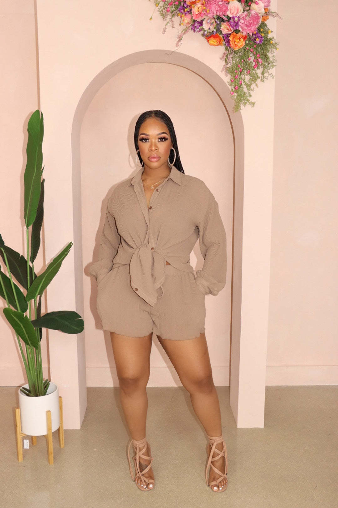 Women Solid Loose Turndown Collar Shirt and Wide Leg Shorts Casual Two-Piece Set 5