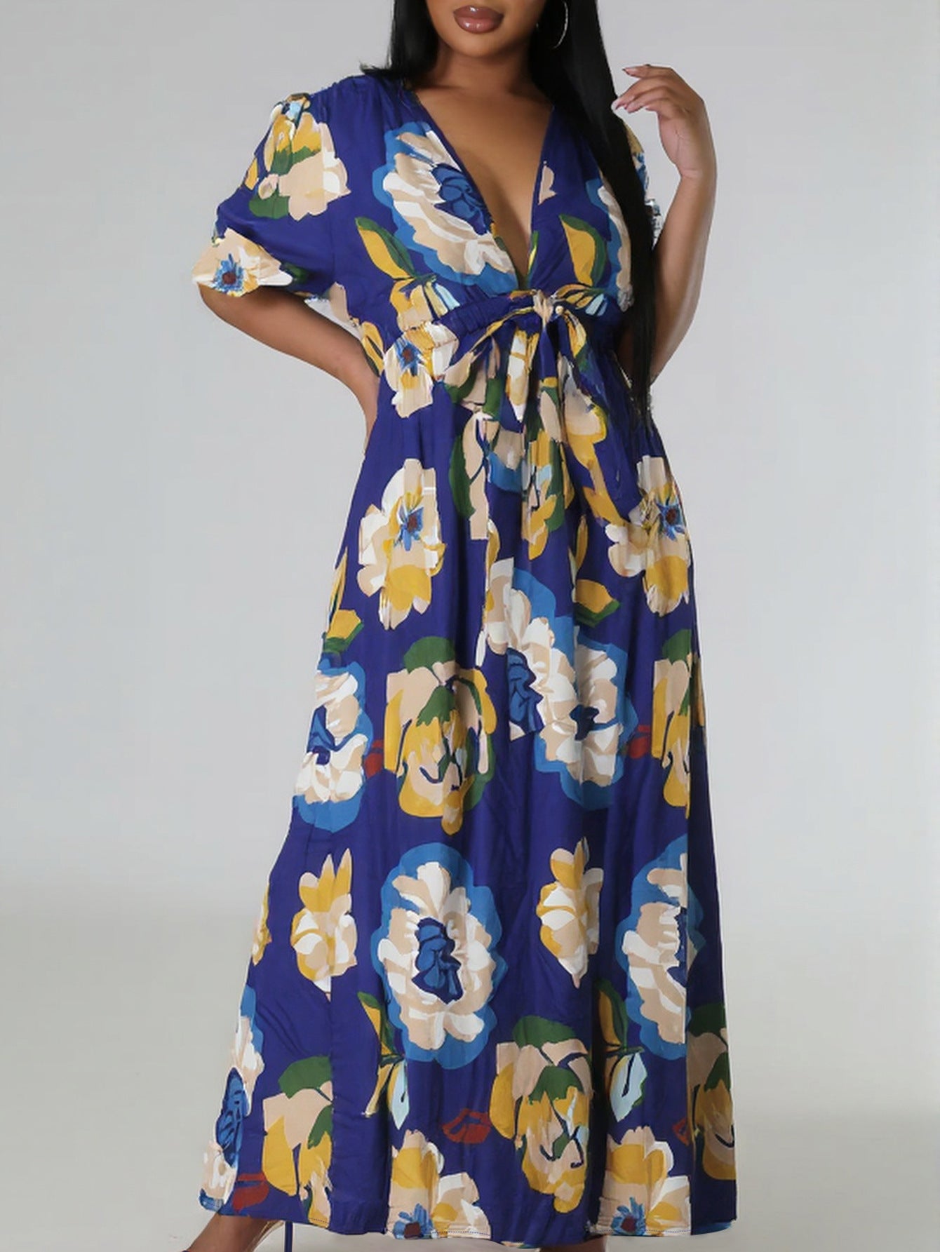 Plus Size Women Elegant V-Neck Short Sleeve Dress