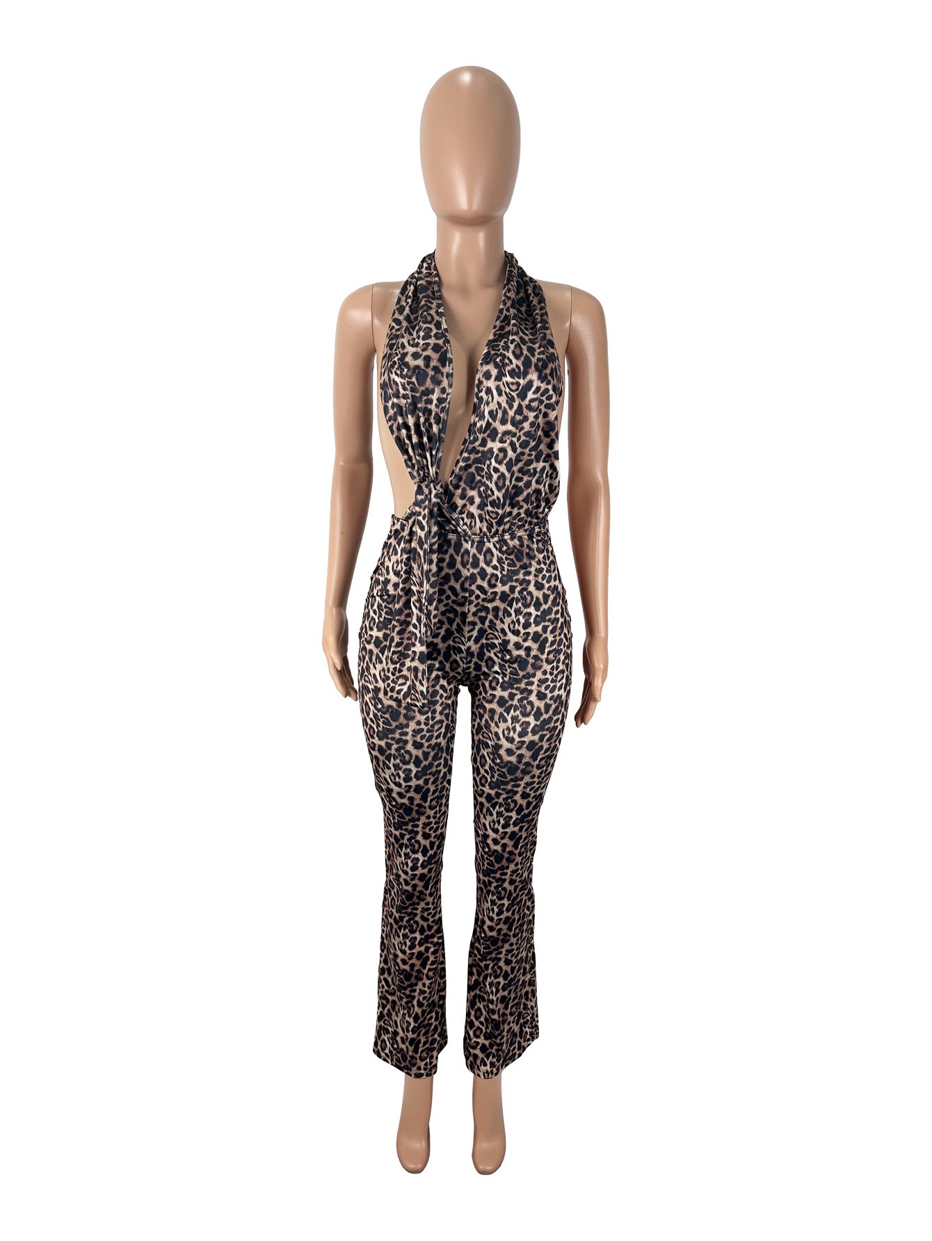 Women's Sexy Leopard Print Low-Back Mesh Halter Neck Jumpsuit 9