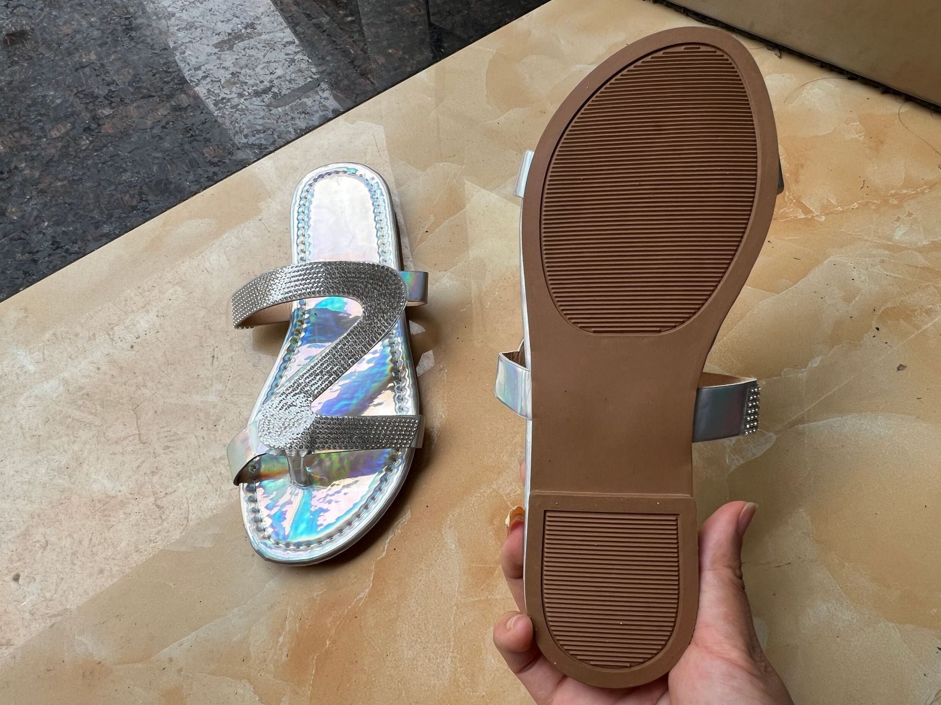 Plus Size Flat Sandal Flip flops Z-line Rhinestone Clip Toe Casual Outdoor Wear Beach Women's Shoe 28